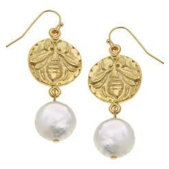 Bee Intaglio + Pearl Drop Earrings|Susan Shaw