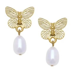 Gold Butterfly + Pearl Drop Earrings|Susan Shaw Discount
