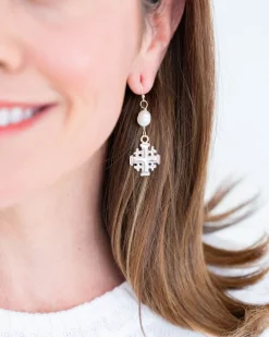 Jerusalem Cross Pearl Drop Earrings|Susan Shaw Clearance
