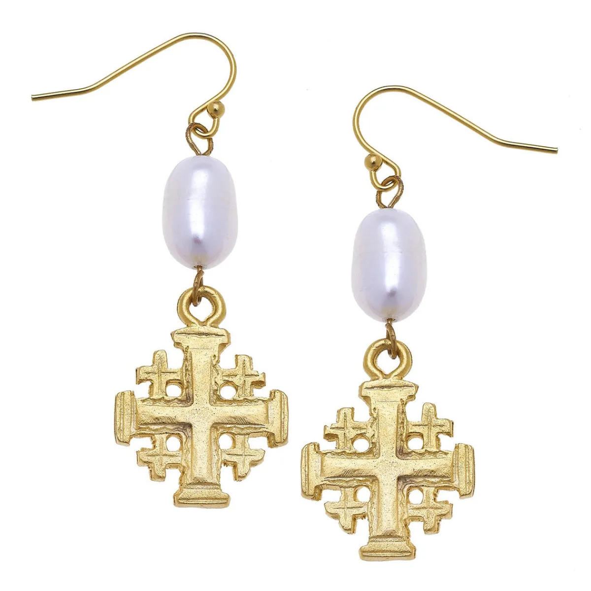 Jerusalem Cross Pearl Drop Earrings|Susan Shaw Clearance