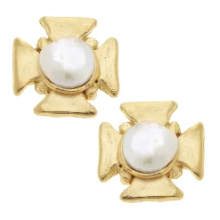Maltese Cross Pearl Studs|Susan Shaw Clearance