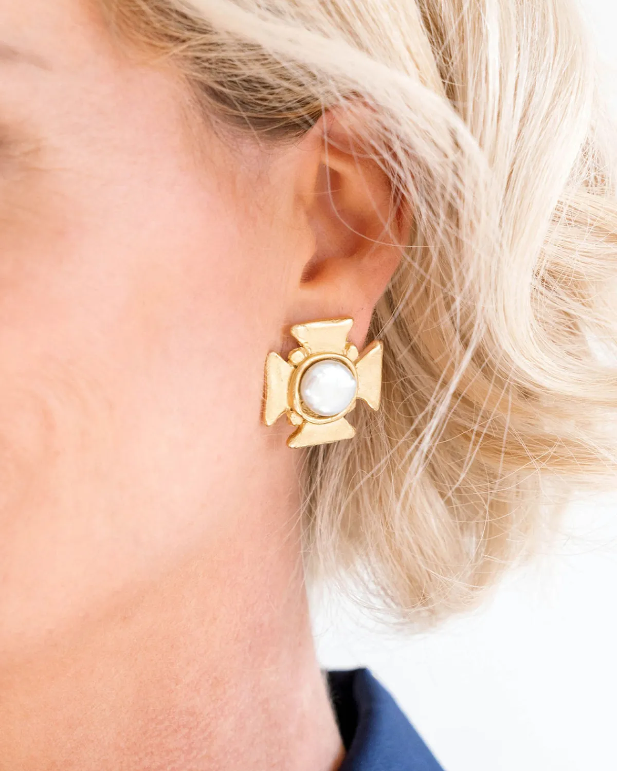 Maltese Cross Pearl Studs|Susan Shaw Clearance