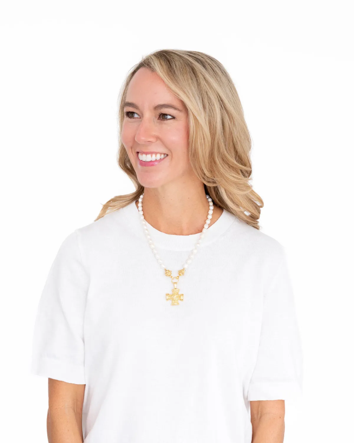 Squared French Cross Pearl Necklace|Susan Shaw Clearance